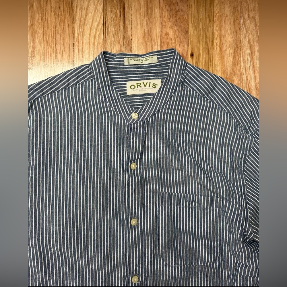 Orvis Navy Striped Linen-Cotton Shirt